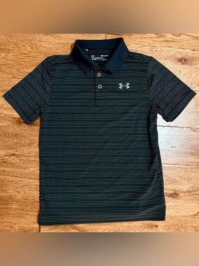 Under Armour Boy’s Black Polo with Thin Gray Stripes